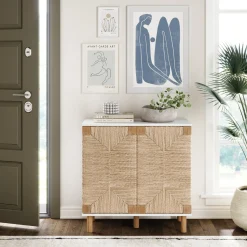 Wood & Seagrass Storage Cabinet White
