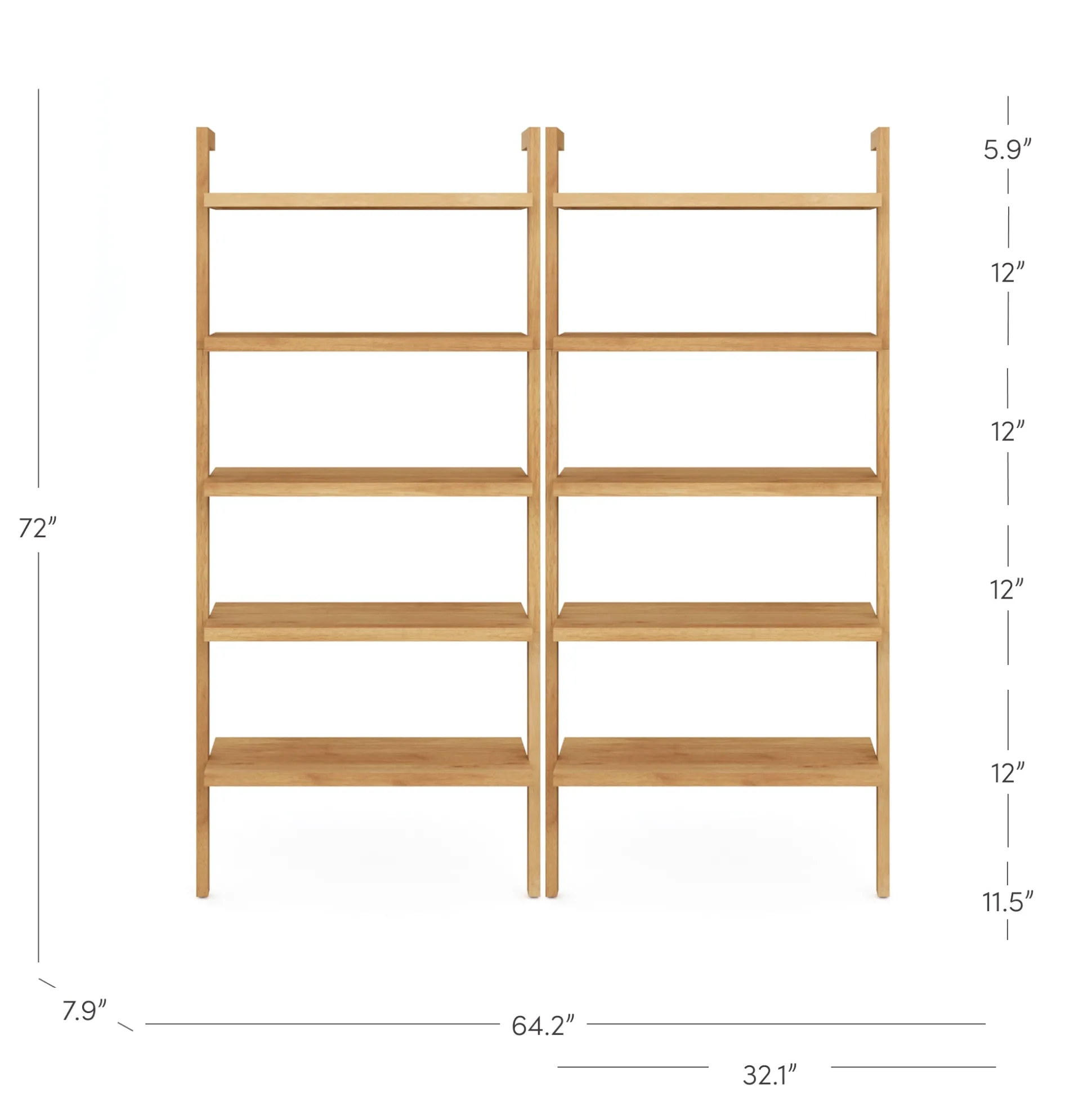 Wood 5-Shelf Ladder Wall Bookshelf Warm Pine (Set of 2)