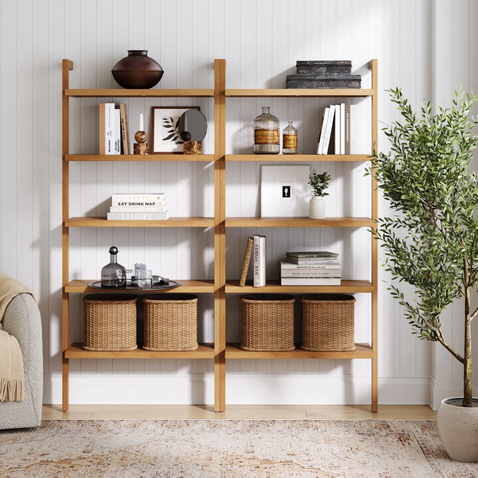 Wood 5-Shelf Ladder Wall Bookshelf Warm Pine (Set of 2)