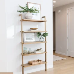 Wood 5-Shelf Ladder Wall Bookshelf Light Brown