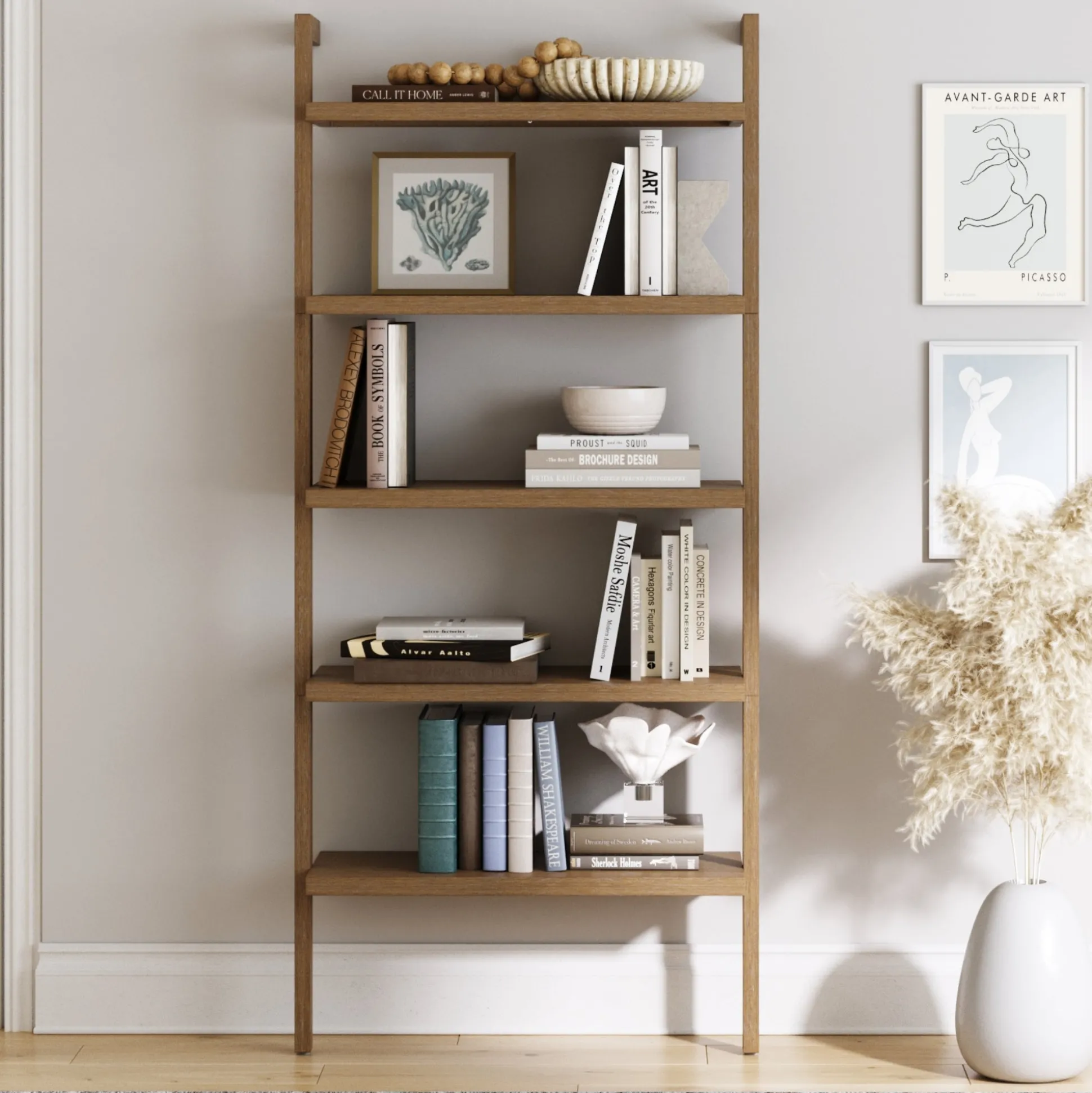Wood 5-Shelf Ladder Wall Bookshelf Light Brown