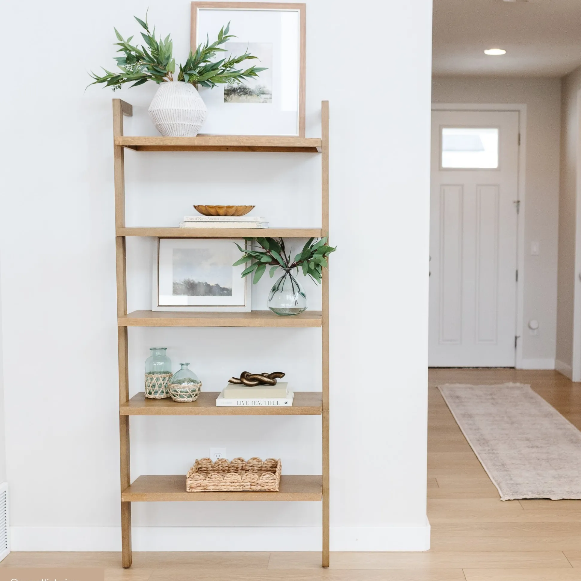 Wood 5-Shelf Ladder Wall Bookshelf Light Brown