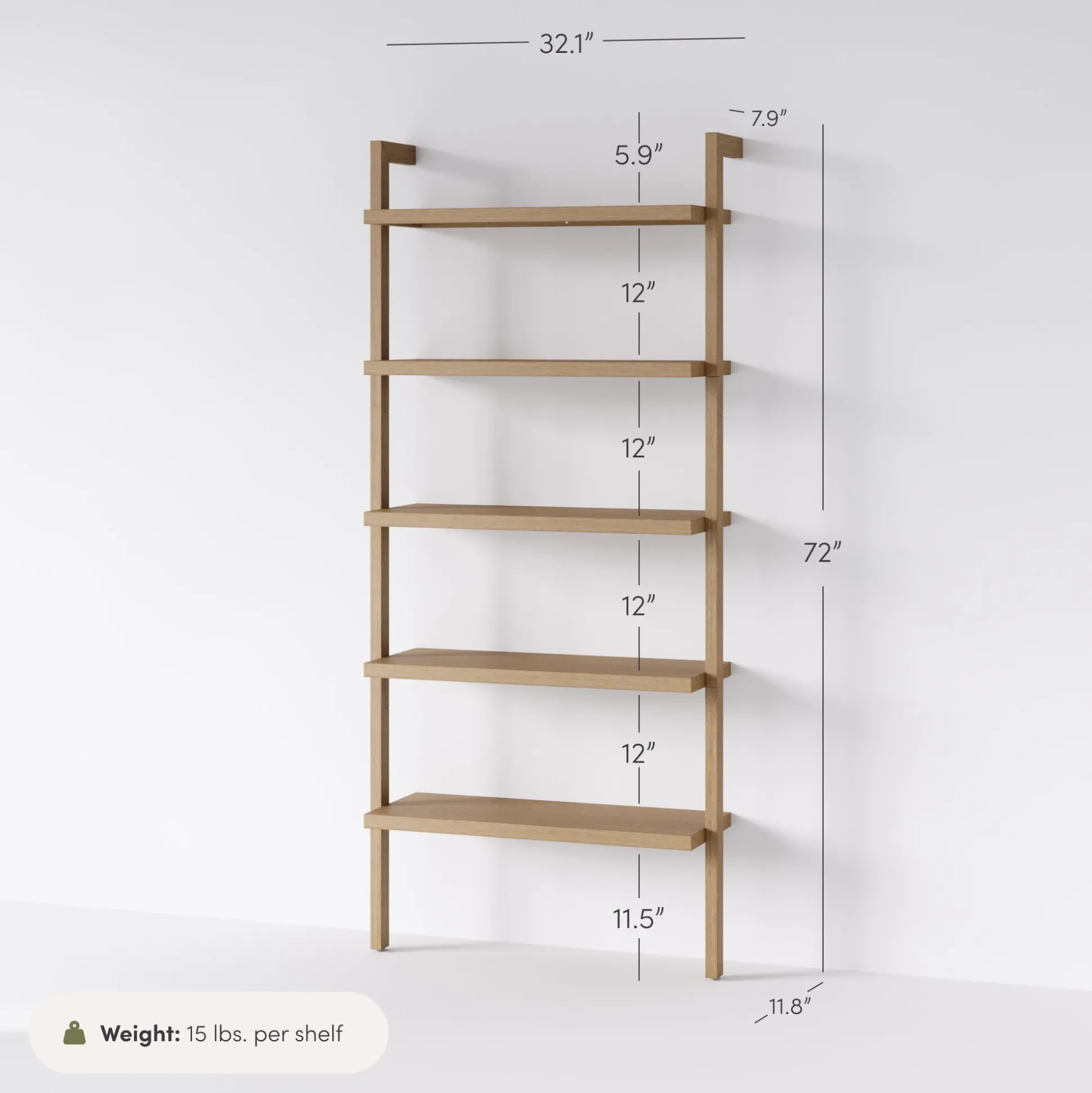 Wood 5-Shelf Ladder Wall Bookshelf Light Brown