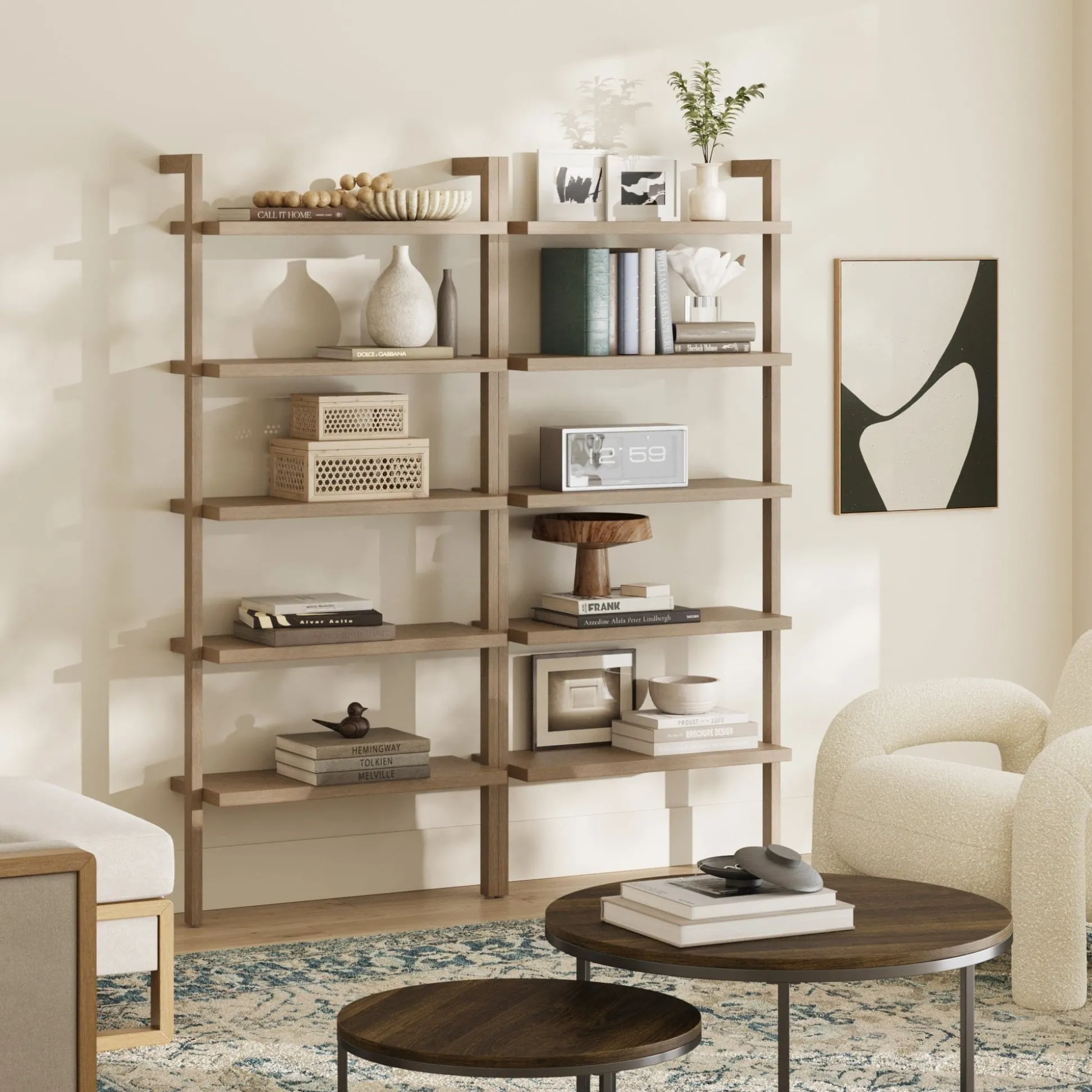 Wood 5-Shelf Ladder Wall Bookshelf Light Brown