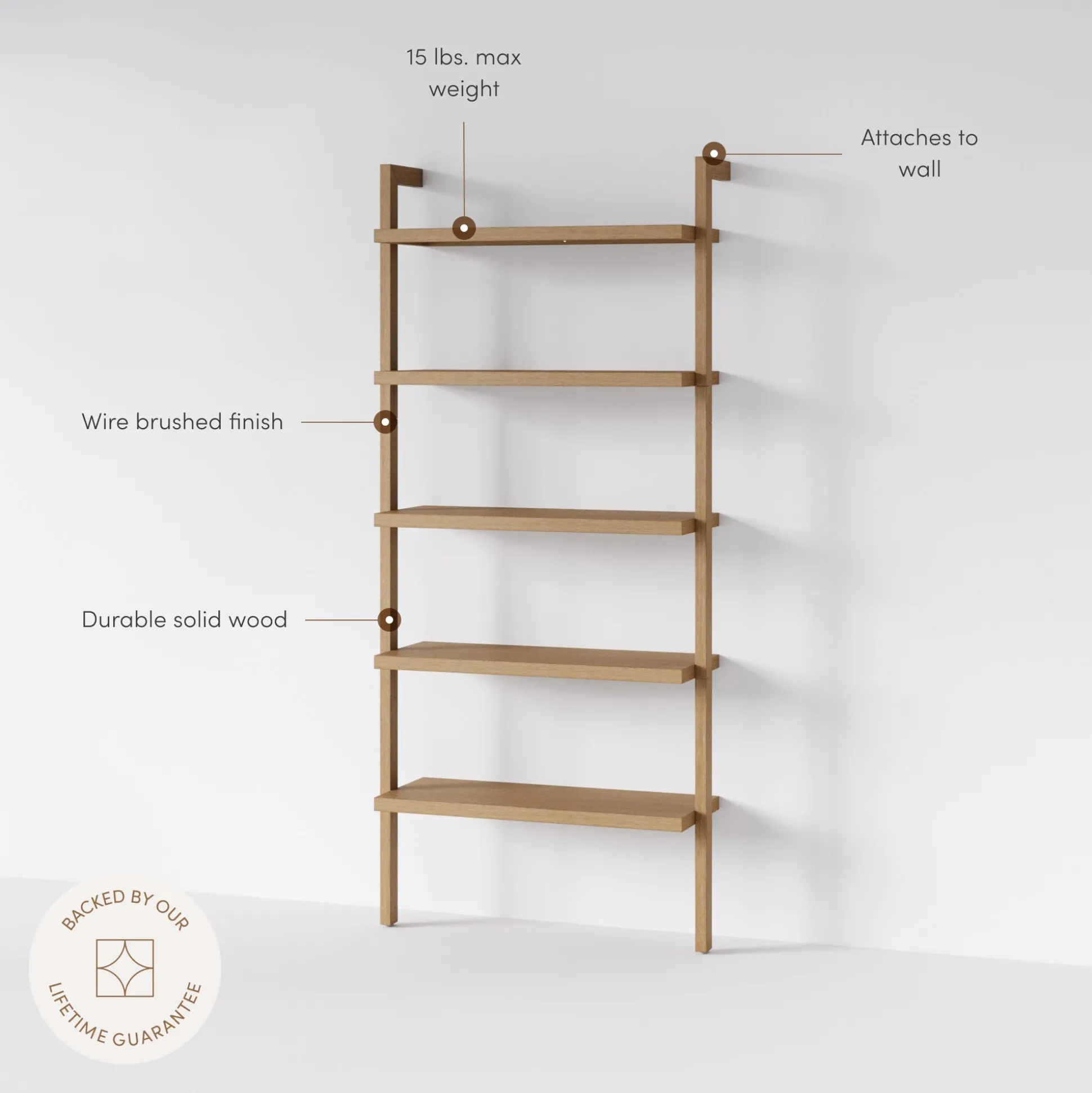 Wood 5-Shelf Ladder Wall Bookshelf Light Brown