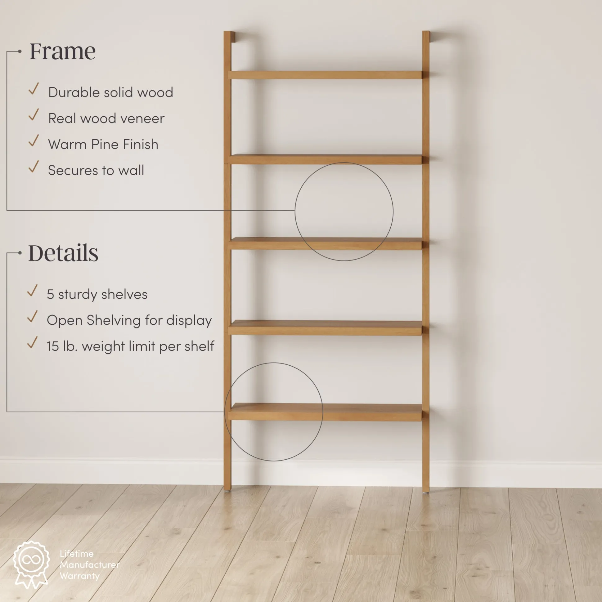 Wood 5-Shelf Ladder Wall Bookshelf Warm Pine (Set of 3)