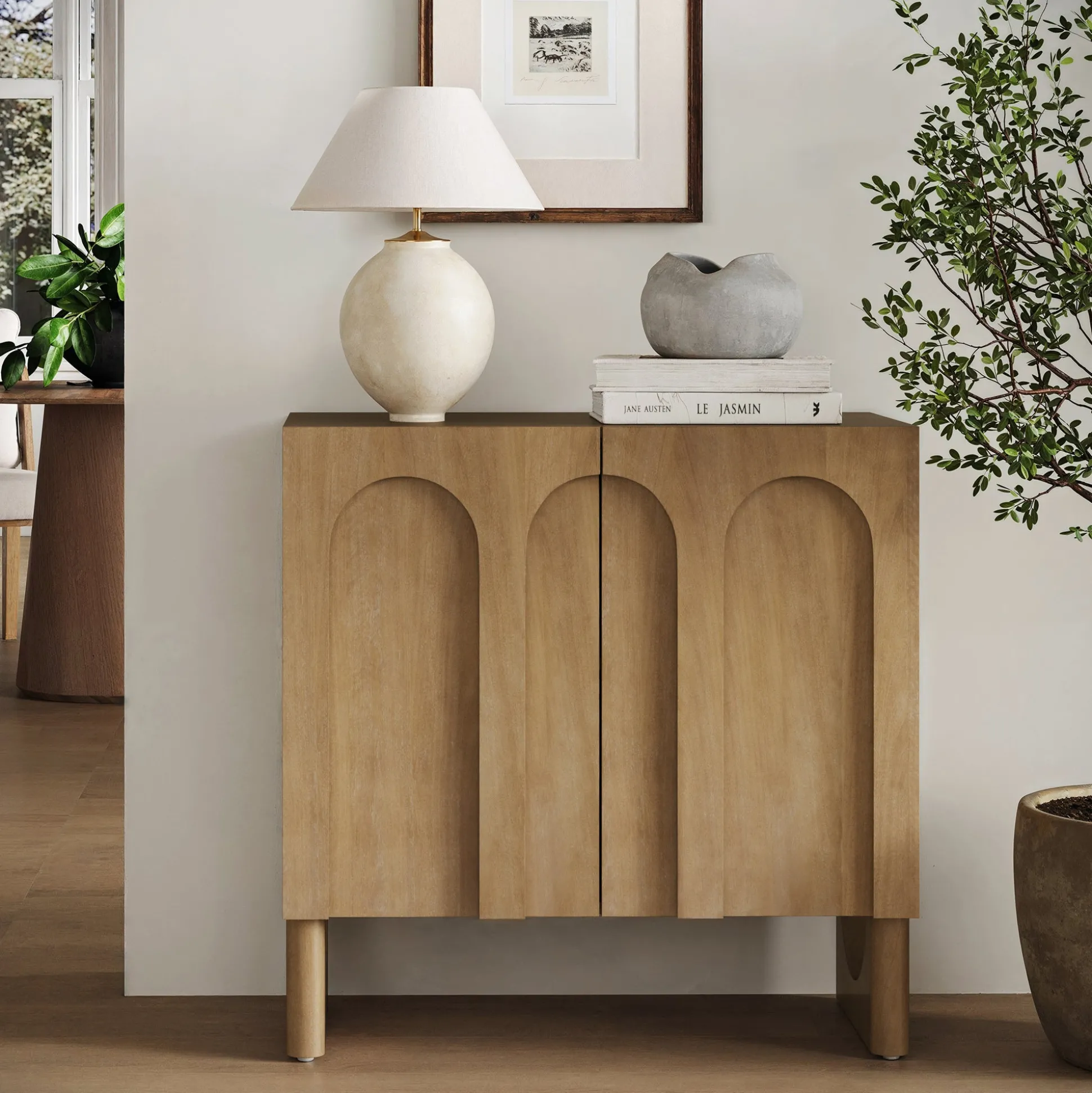 Wood Storage Cabinet with Arched Doors Light Brown