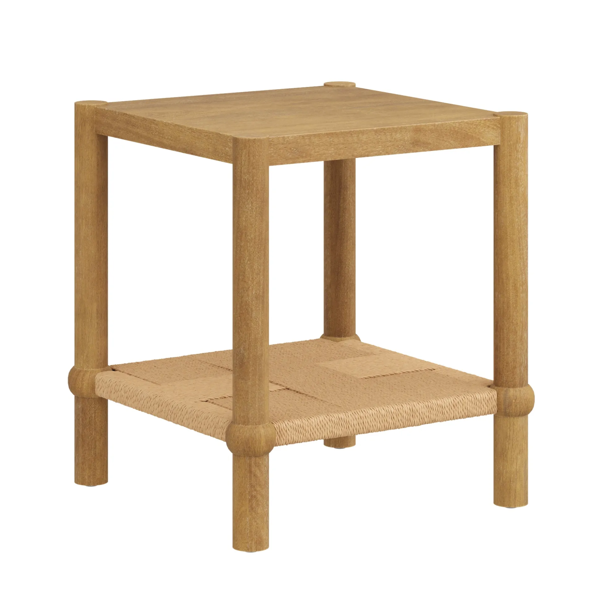 Wood 2-Tier Coastal Side Table with Seagrass Shelf Light Brown