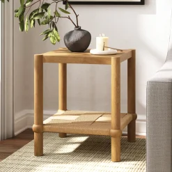 Wood 2-Tier Coastal Side Table with Seagrass Shelf Light Brown