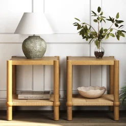 Wood 2-Tier Coastal Side Table with Seagrass Shelf Light Brown Set of 2
