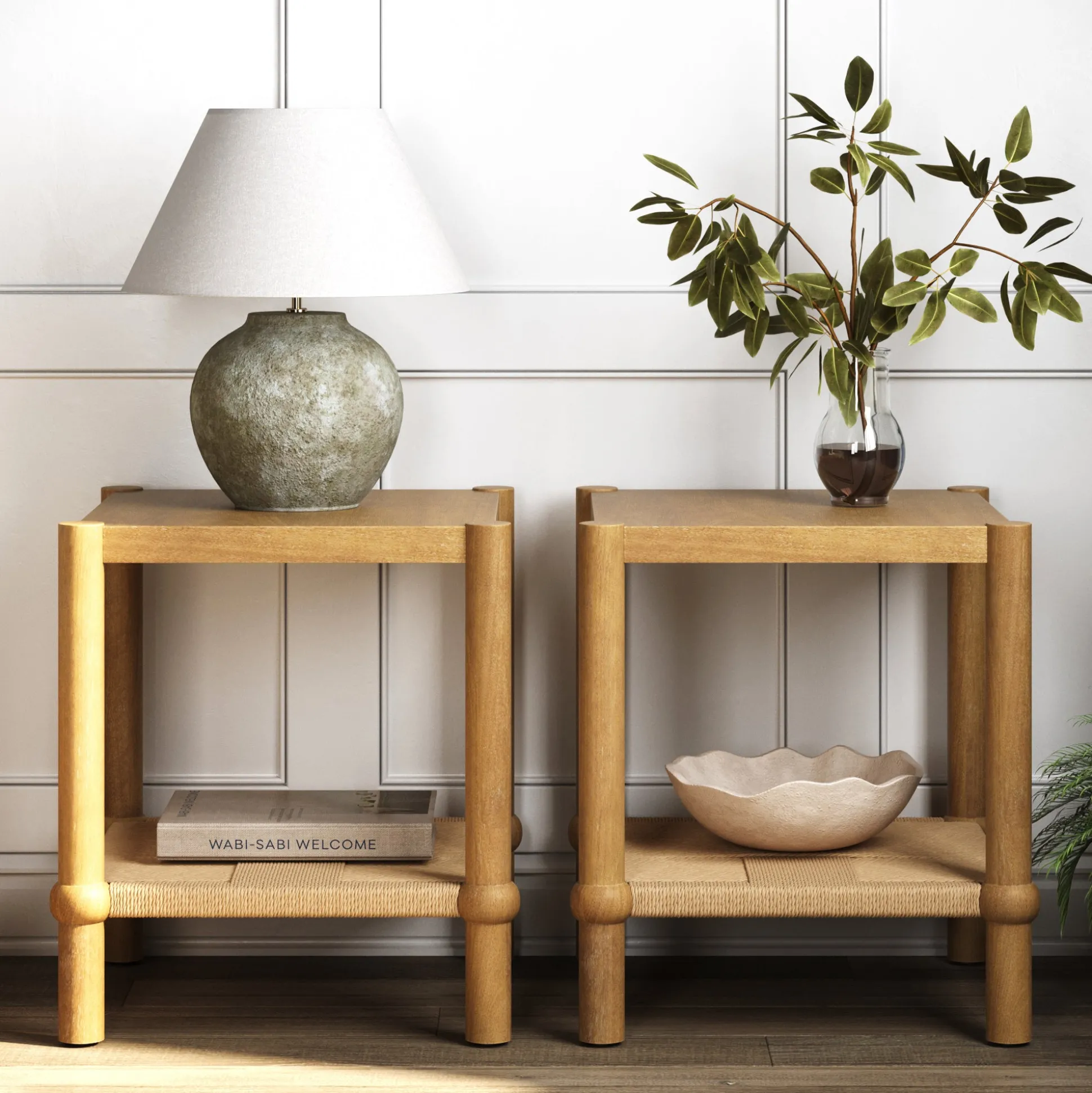 Wood 2-Tier Coastal Side Table with Seagrass Shelf Light Brown Set of 2