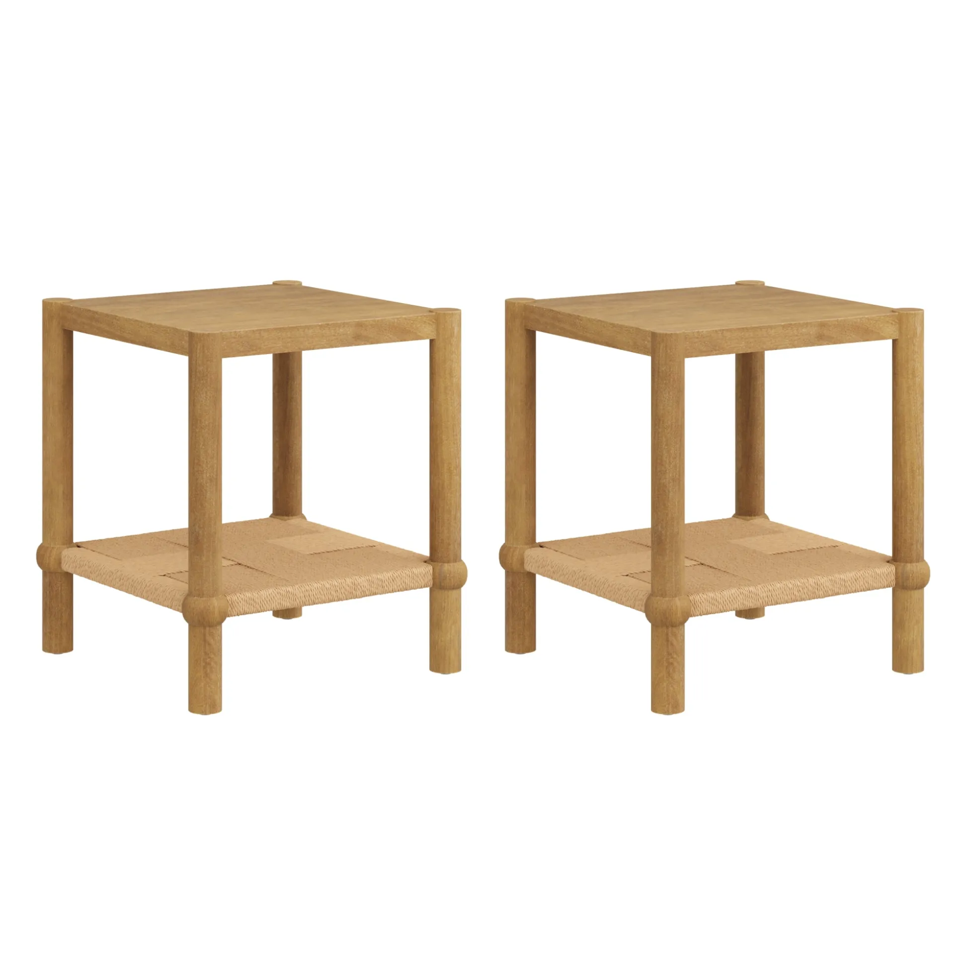 Wood 2-Tier Coastal Side Table with Seagrass Shelf Light Brown Set of 2
