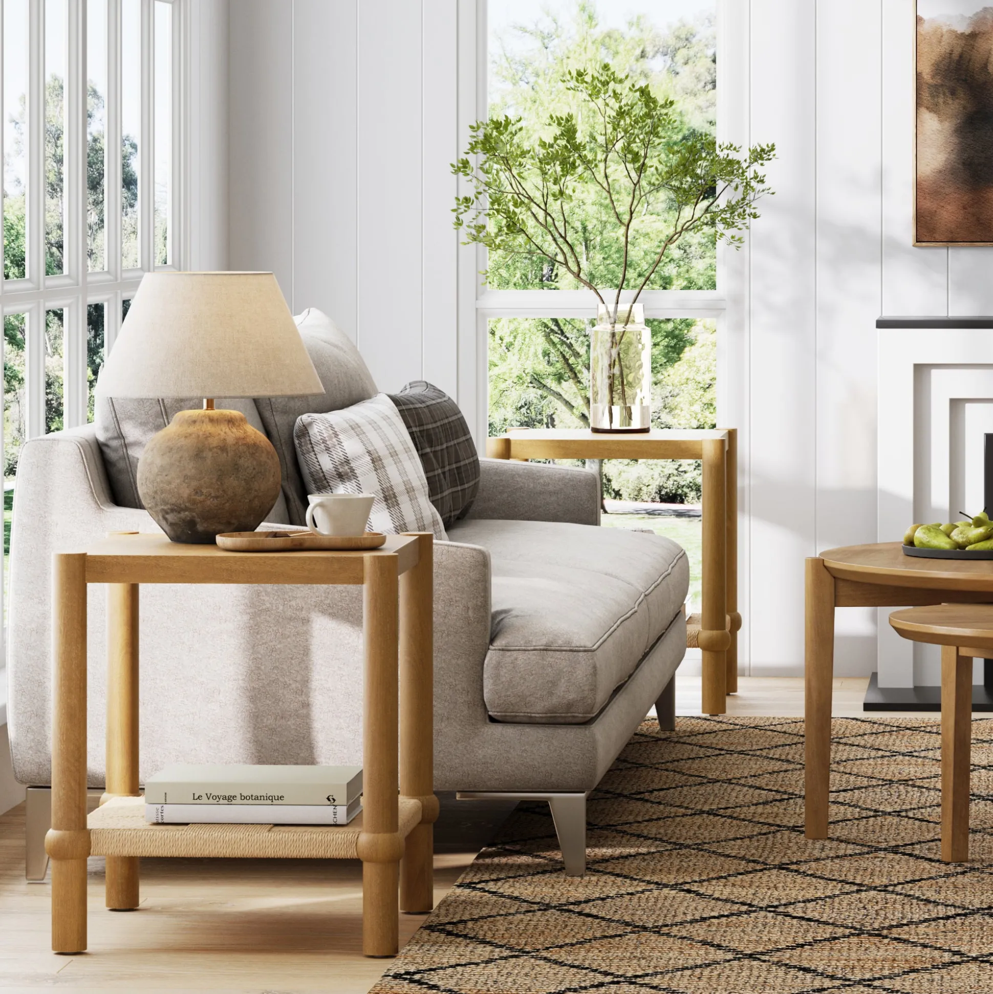 Wood 2-Tier Coastal Side Table with Seagrass Shelf Light Brown Set of 2
