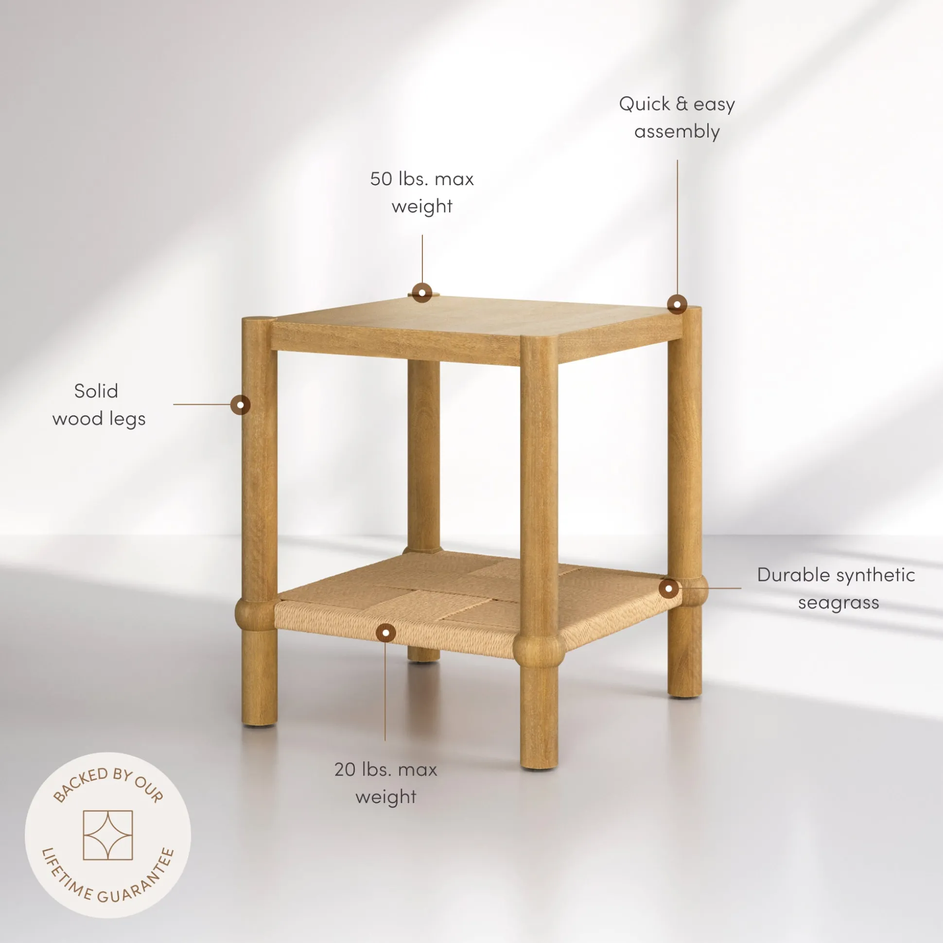 Wood 2-Tier Coastal Side Table with Seagrass Shelf Light Brown Set of 2