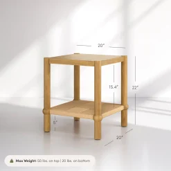 Wood 2-Tier Coastal Side Table with Seagrass Shelf Light Brown Set of 2