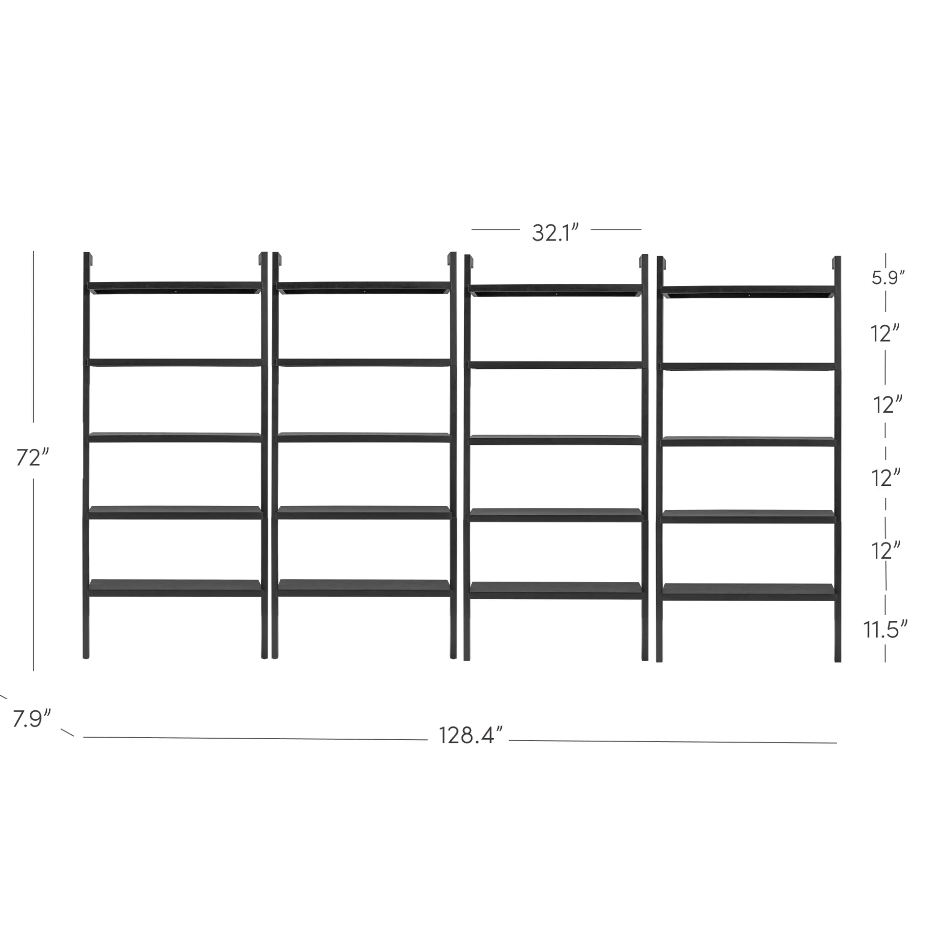 Wood 5 Tier Wall Mounted Bookshelf Black Oak (Set of 4)