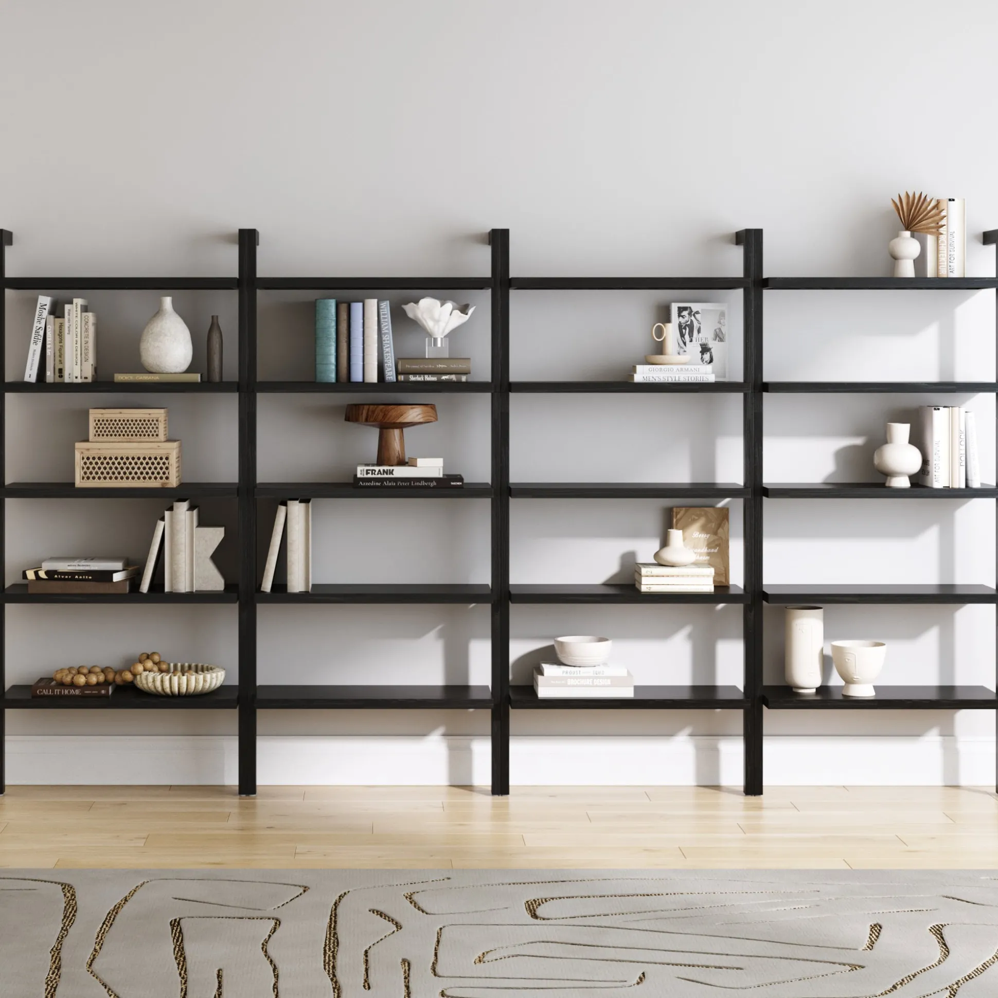 Wood 5 Tier Wall Mounted Bookshelf Black Oak (Set of 4)