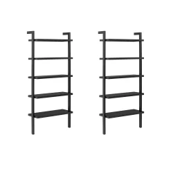 Wood 5 Tier Wall Mounted Bookshelf Black Oak (Set of 2)