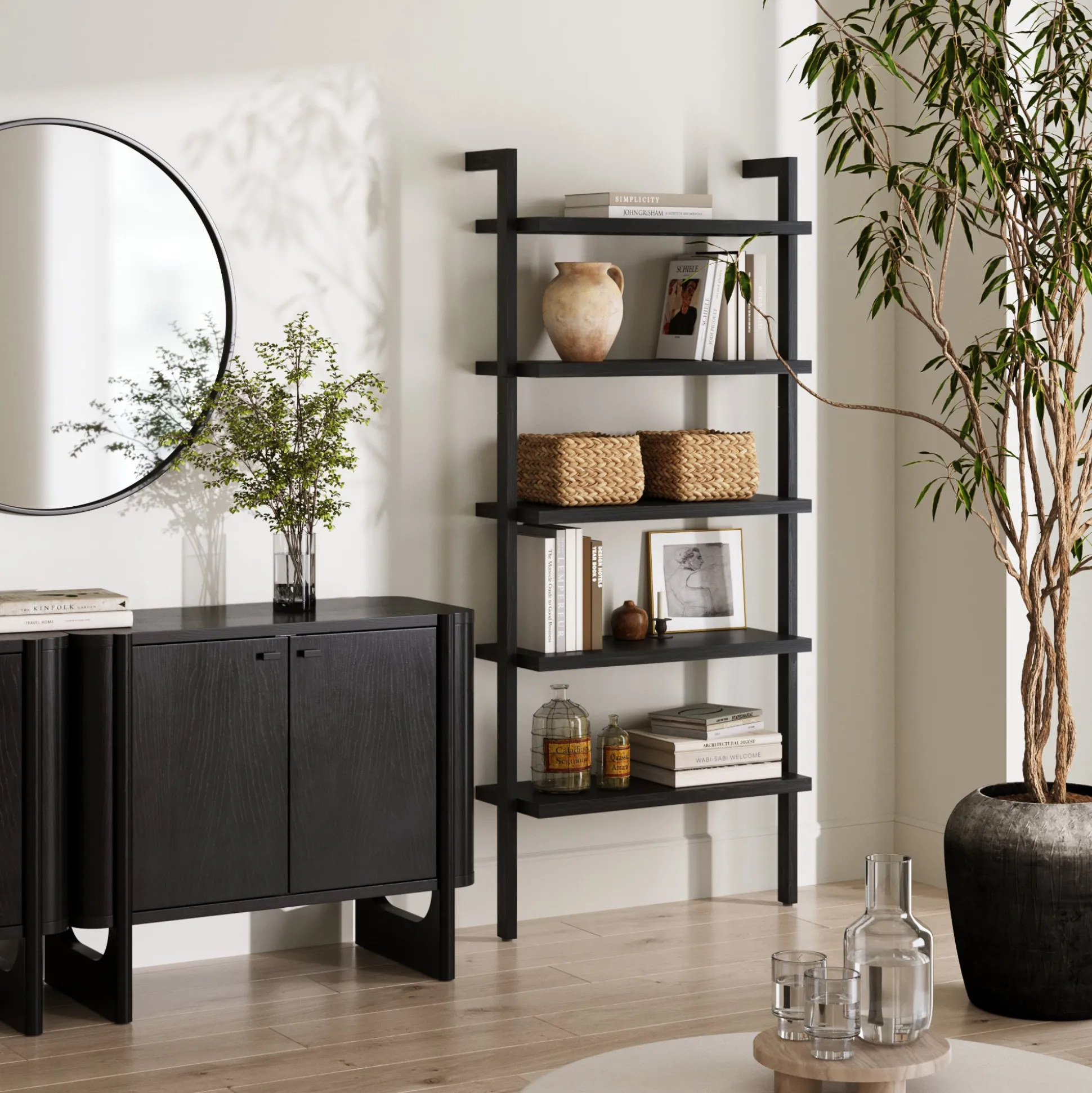 Wood 5 Tier Wall Mounted Bookshelf Black Oak