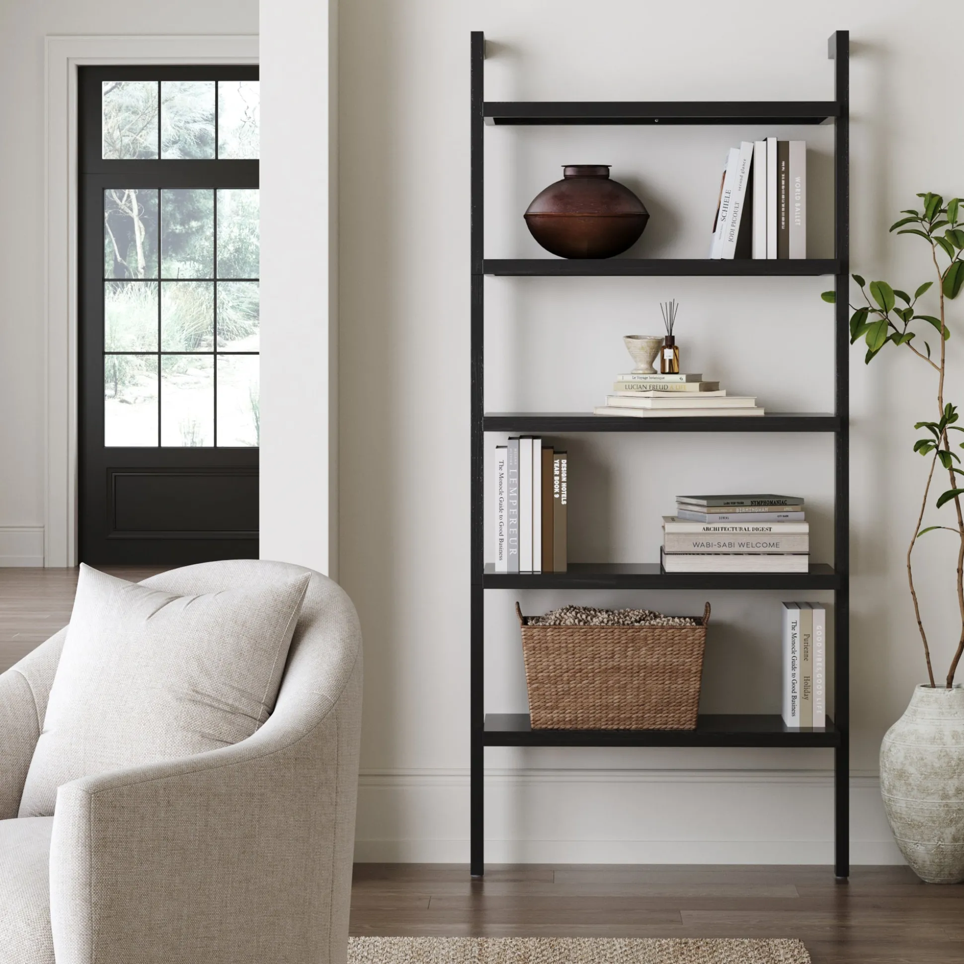 Wood 5 Tier Wall Mounted Bookshelf Black Oak