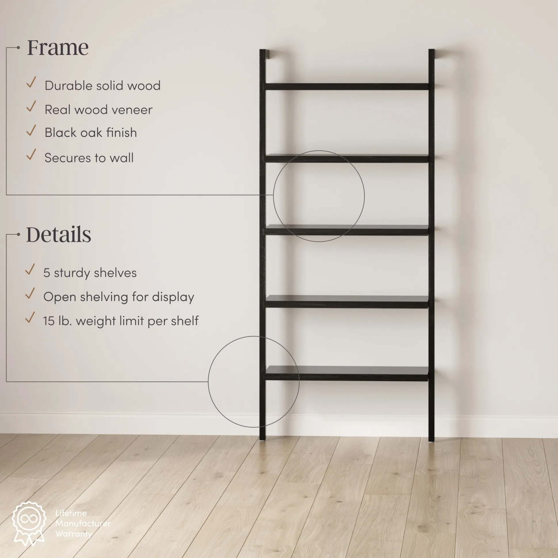 Wood 5 Tier Wall Mounted Bookshelf Black Oak