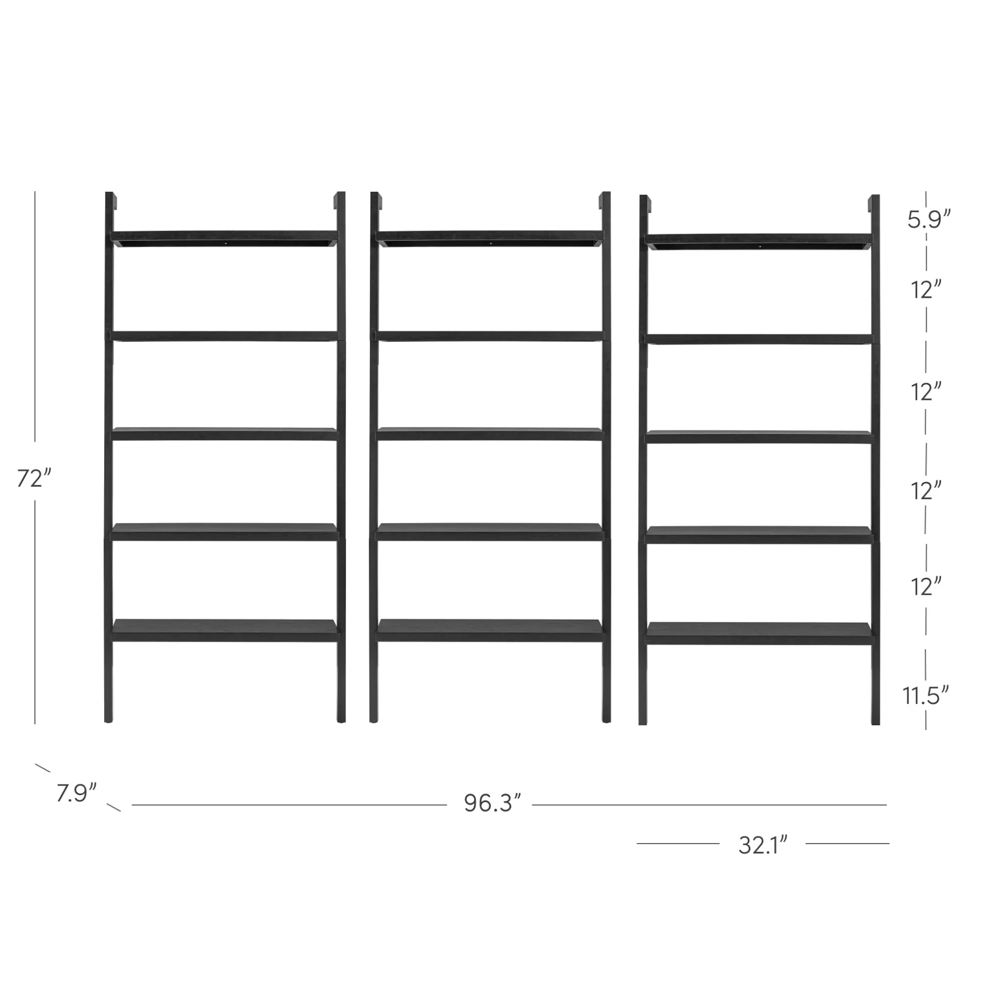 Wood 5 Tier Wall Mounted Bookshelf Black Oak (Set of 3)