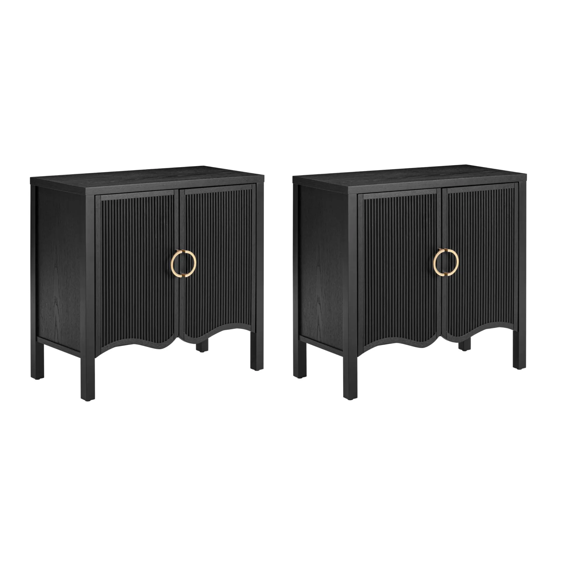 Wood Transitional Fluted Cabinet Credenza Black Oak (Set of 2)