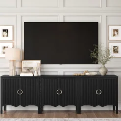 Wood Transitional Fluted Cabinet Credenza Black Oak (Set of 3)