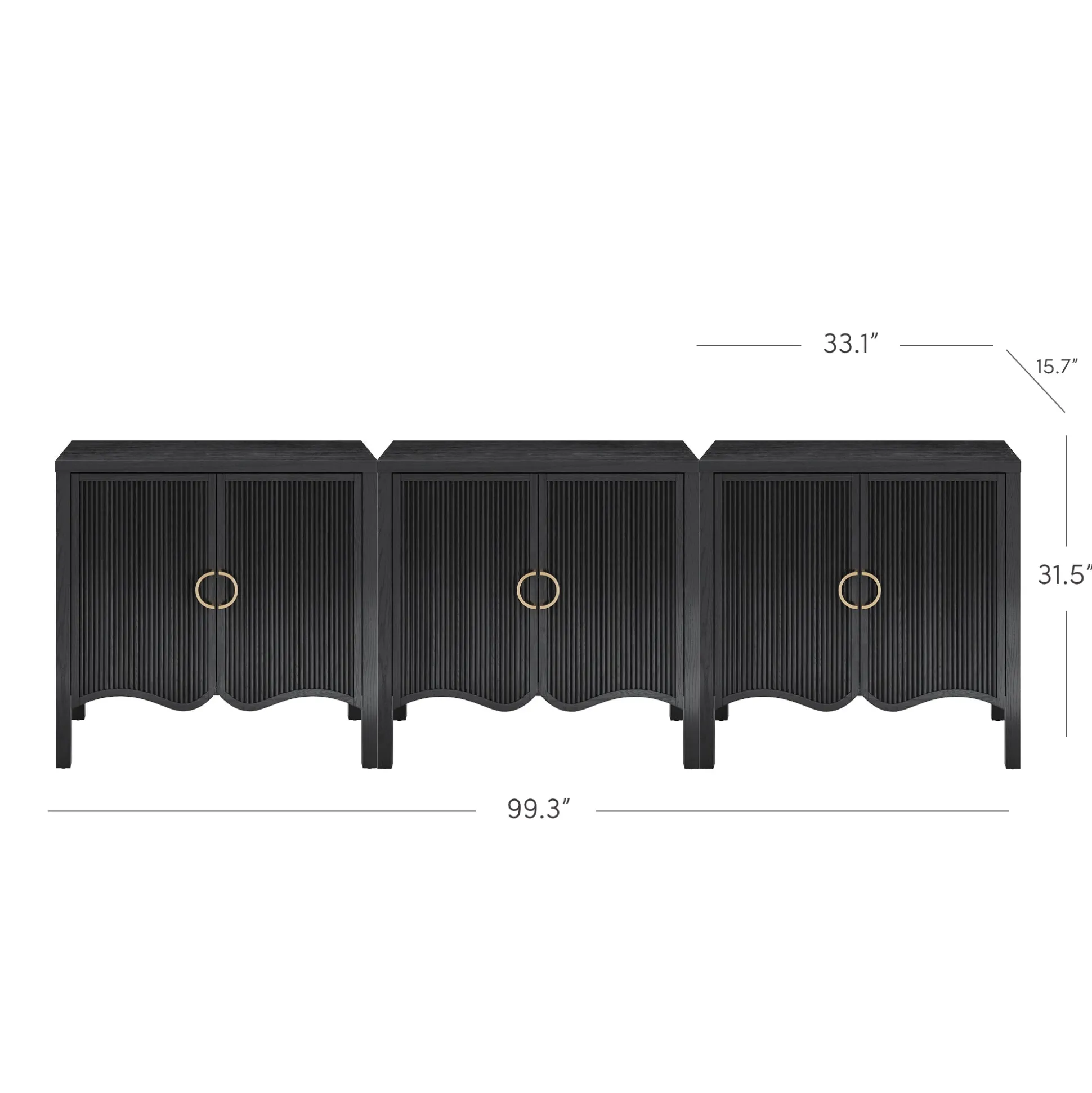 Wood Transitional Fluted Cabinet Credenza Black Oak (Set of 3)