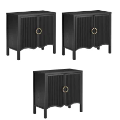 Wood Transitional Fluted Cabinet Credenza Black Oak (Set of 3)