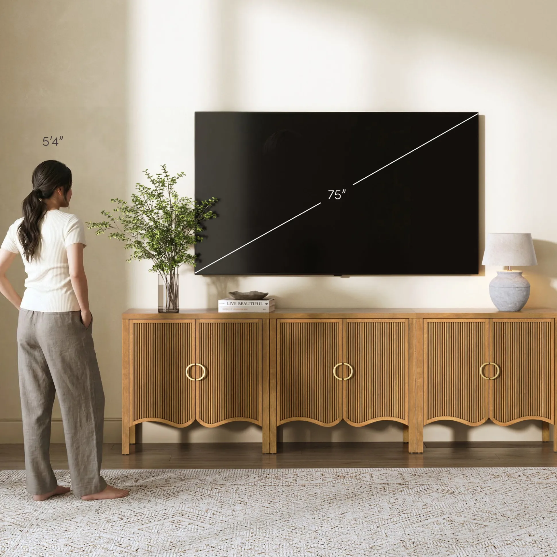 Wood Transitional Fluted Cabinet Credenza Light Brown (Set of 3)