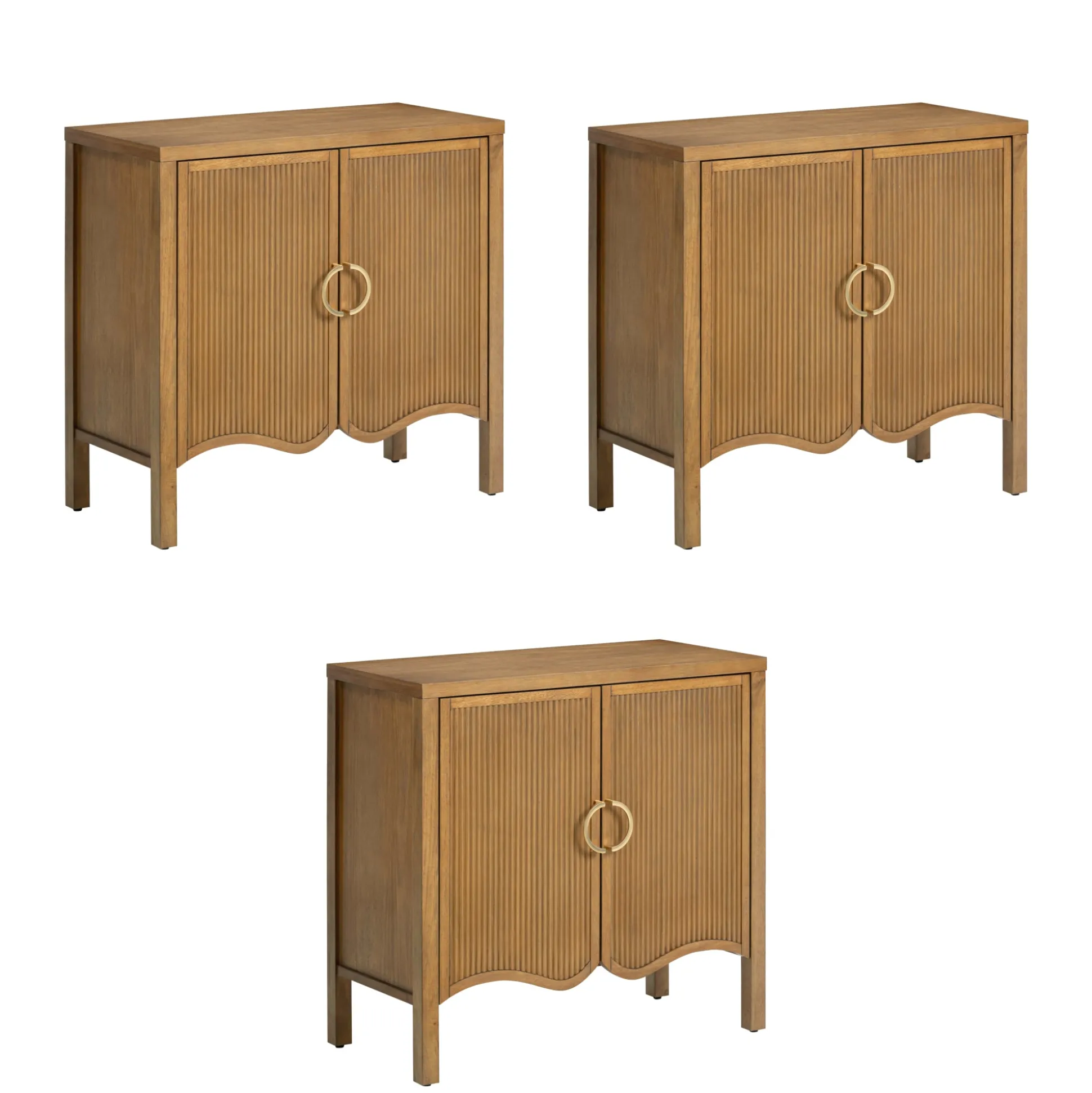 Wood Transitional Fluted Cabinet Credenza Light Brown (Set of 3)