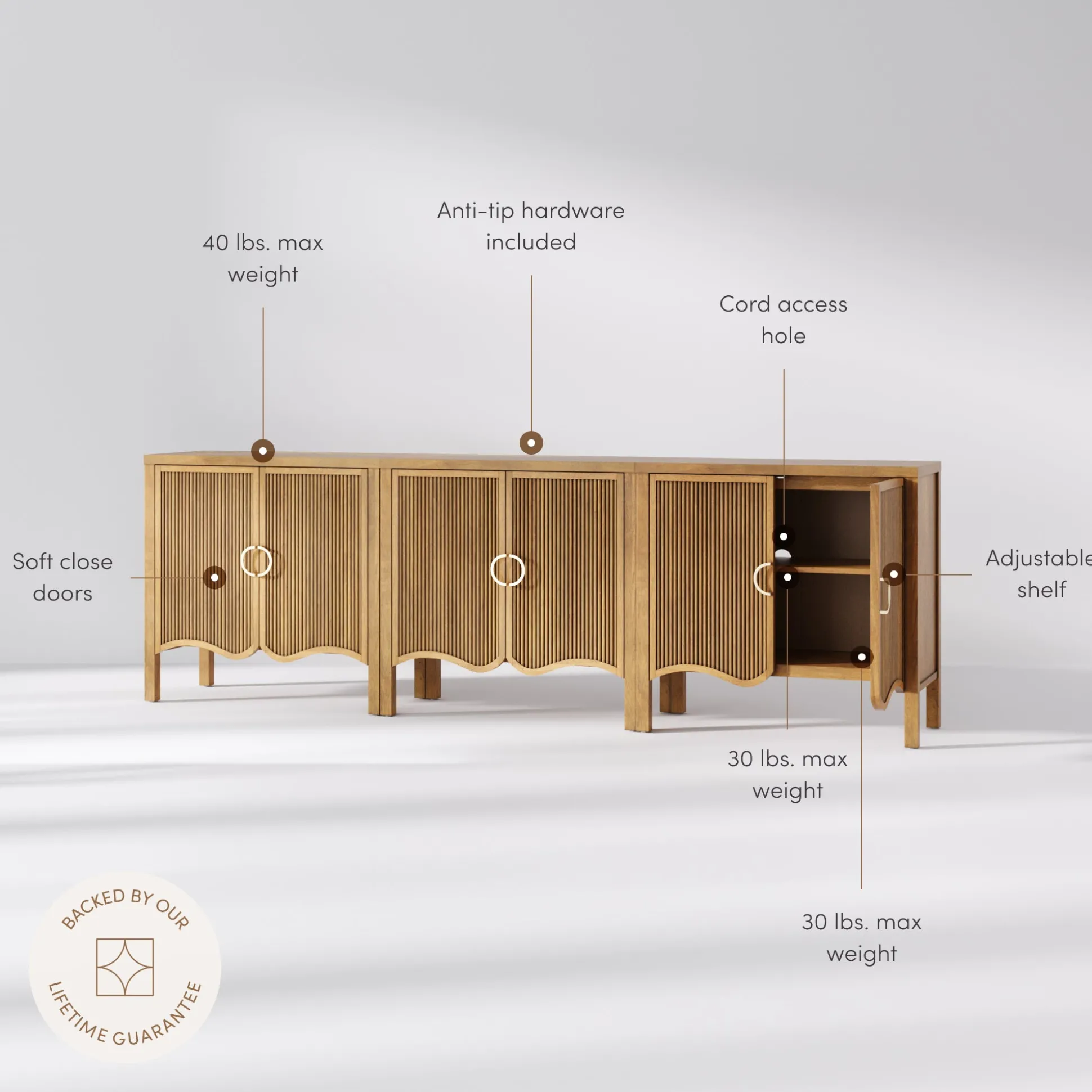 Wood Transitional Fluted Cabinet Credenza Light Brown (Set of 3)