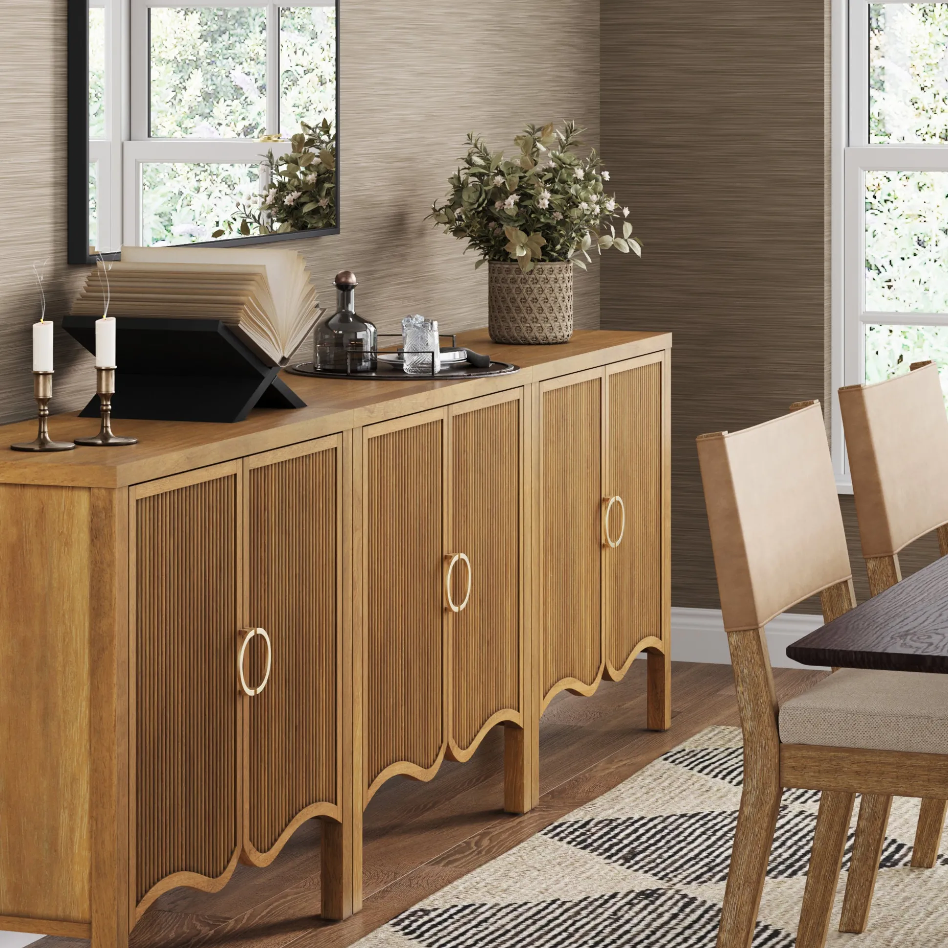 Wood Transitional Fluted Cabinet Credenza Light Brown (Set of 3)