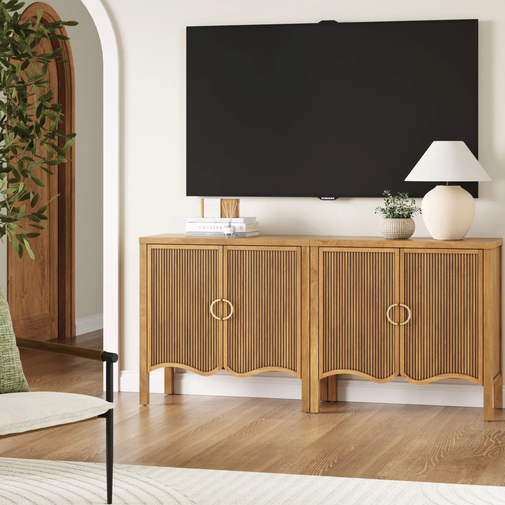 Wood Transitional Fluted Cabinet Credenza Light Brown (Set of 2)