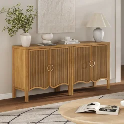 Wood Transitional Fluted Cabinet Credenza Light Brown (Set of 2)