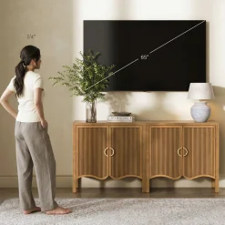 Wood Transitional Fluted Cabinet Credenza Light Brown (Set of 2)