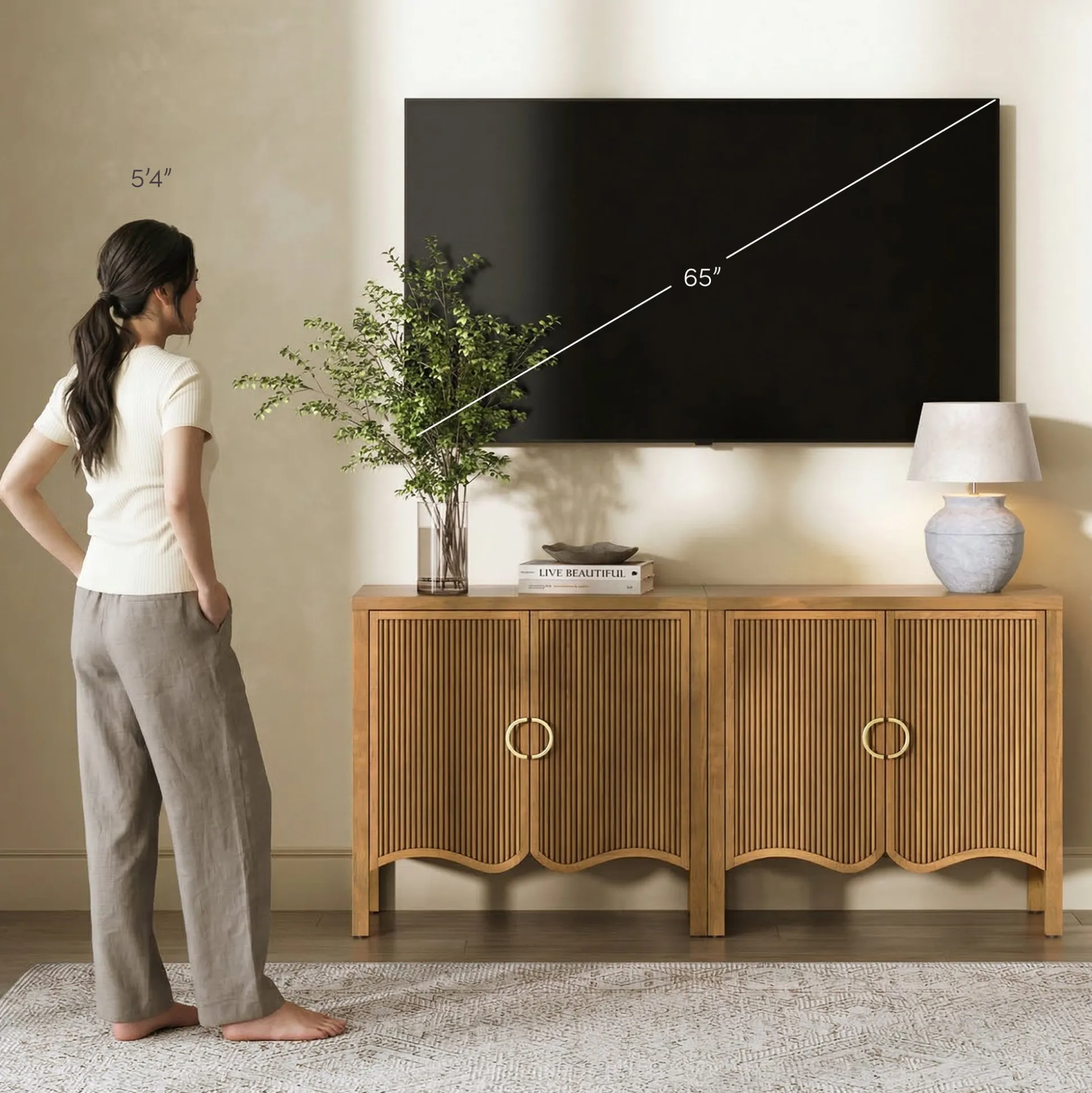 Wood Transitional Fluted Cabinet Credenza Light Brown (Set of 2)