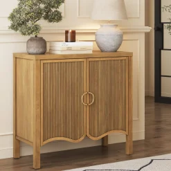 Wood Transitional Fluted Cabinet w/ Brass Handle Light Brown