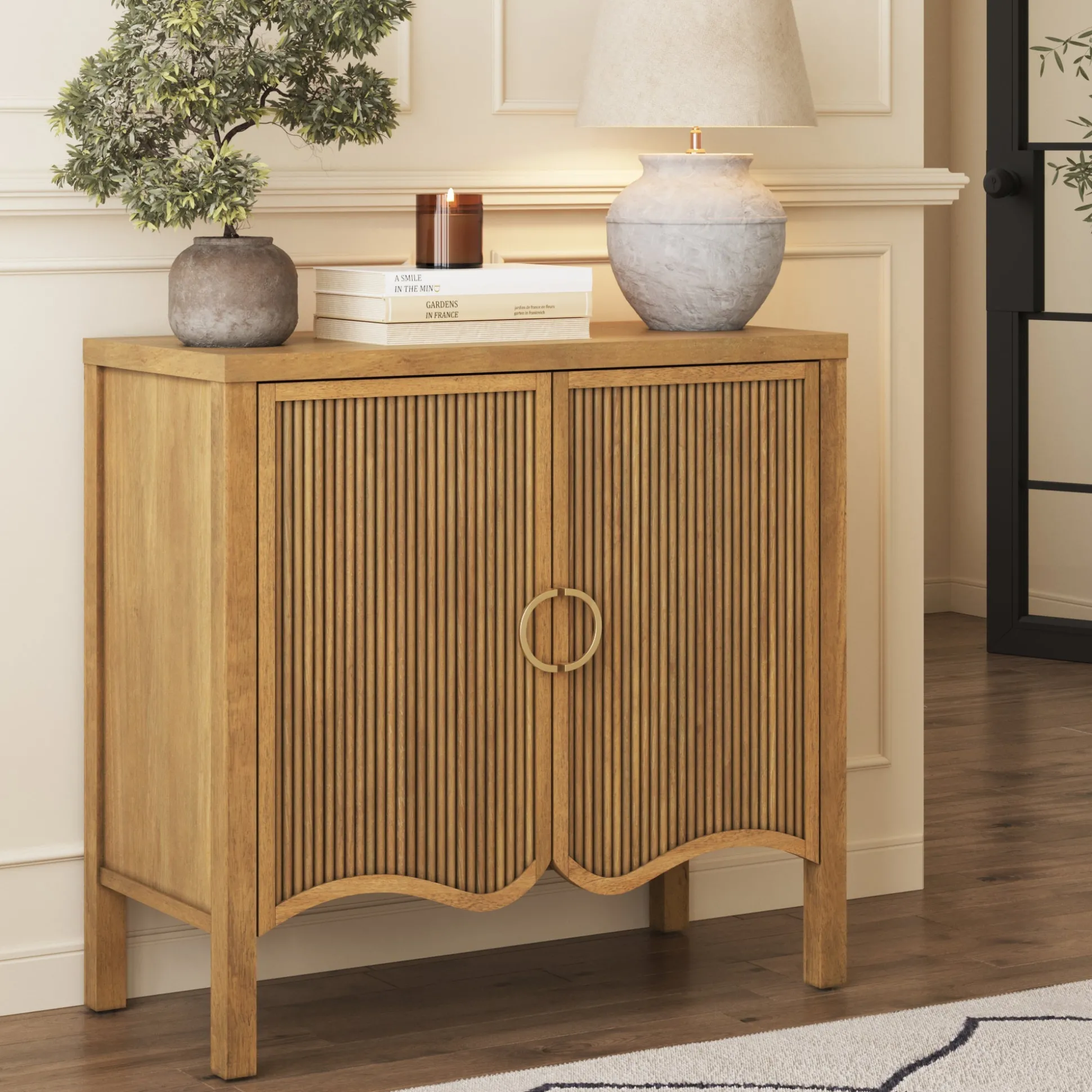 Wood Transitional Fluted Cabinet w/ Brass Handle Light Brown