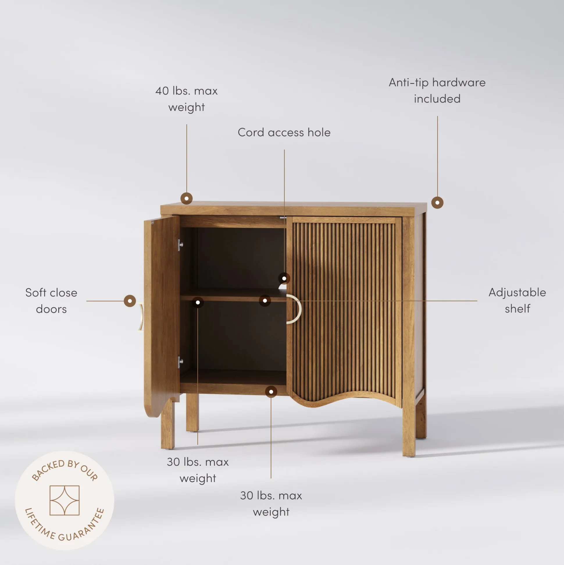 Wood Transitional Fluted Cabinet w/ Brass Handle Light Brown