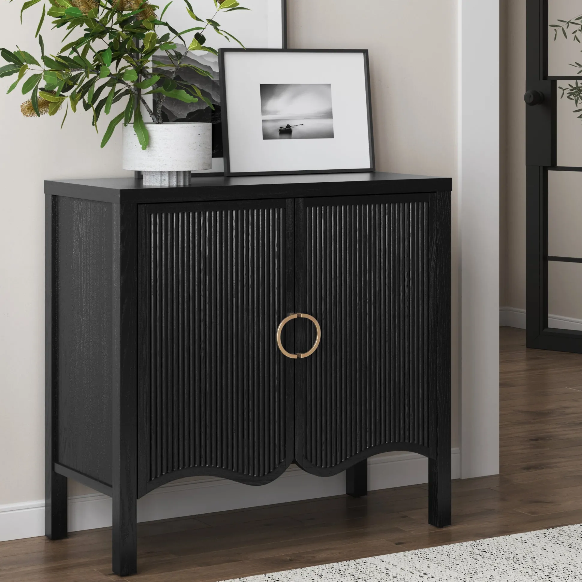 Wood Transitional Fluted Cabinet w/ Brass Handle Black Oak