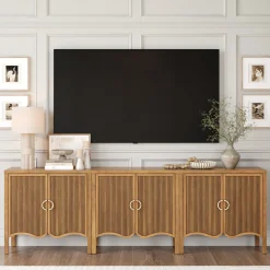 Wood Transitional Fluted TV Console Light Brown for TVs up to 75
