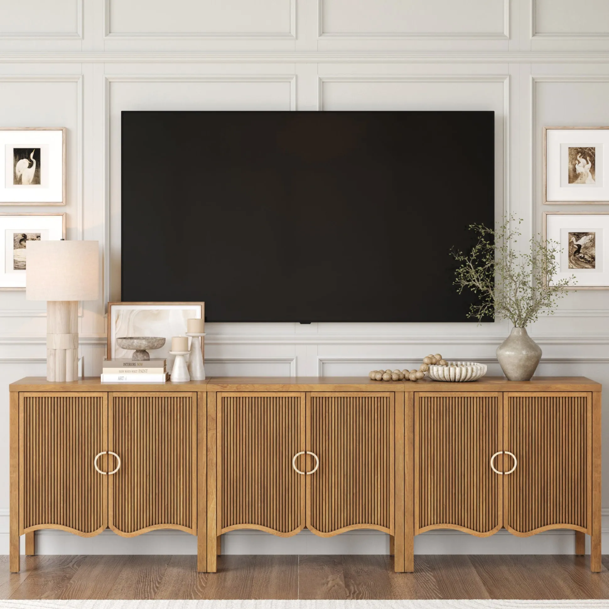 Wood Transitional Fluted TV Console Light Brown for TVs up to 75"