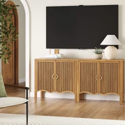 Wood Transitional Fluted TV Console Light Brown for TVs up to 65