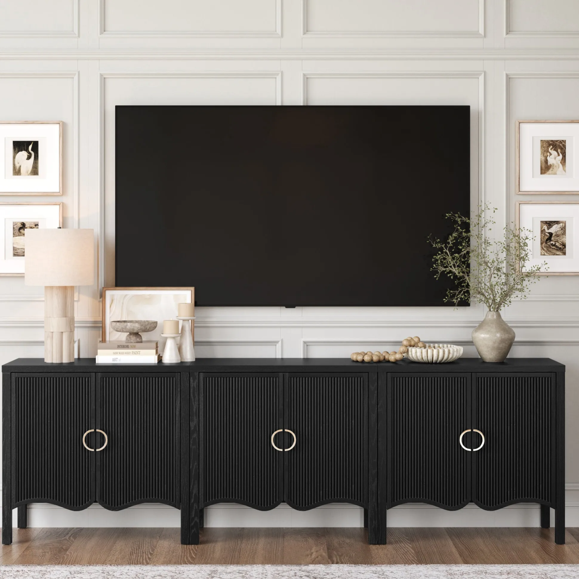 Wood Transitional Fluted TV Console Black Oak for TVs up to 75"