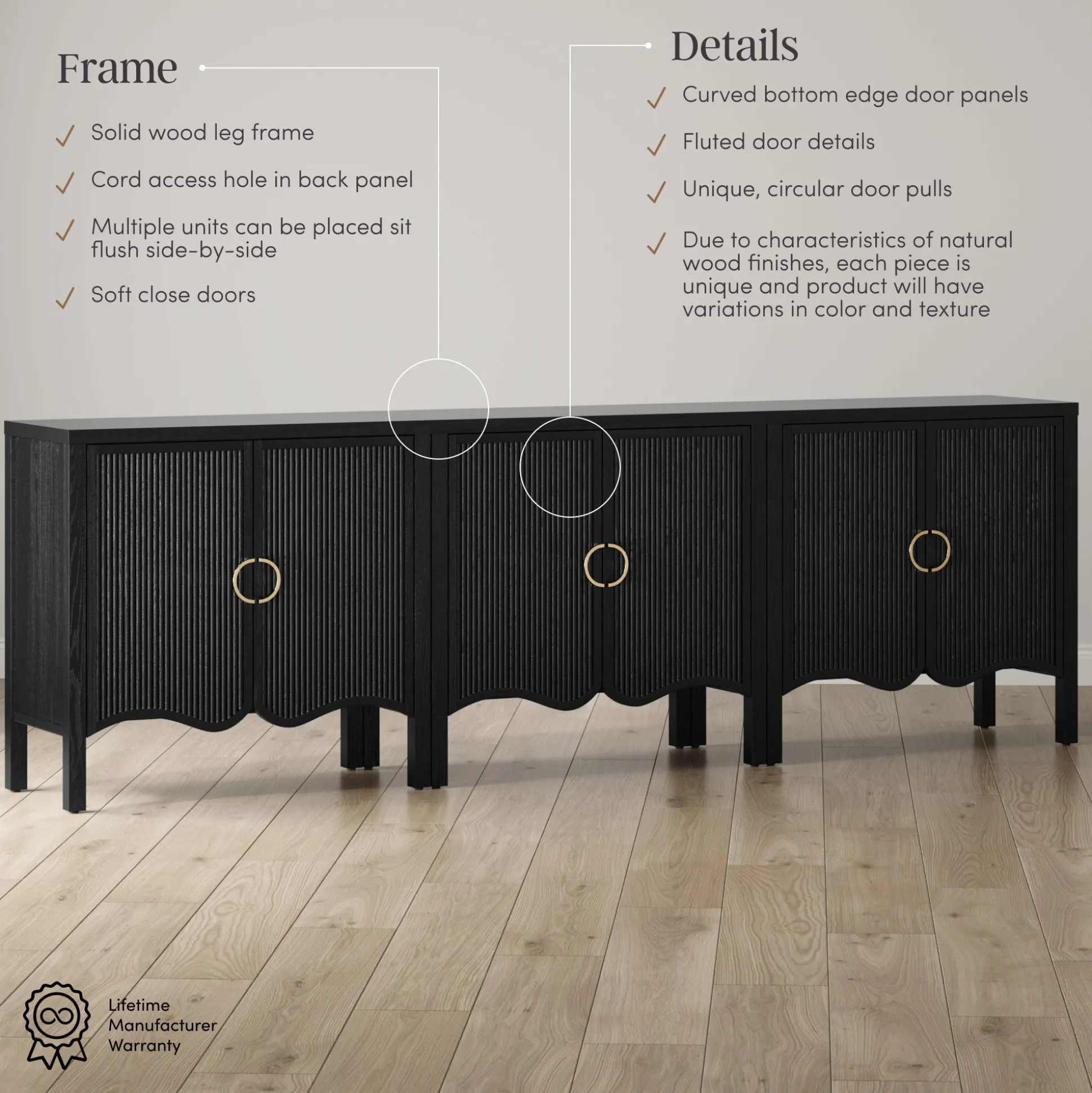Wood Transitional Fluted TV Console Black Oak for TVs up to 75"