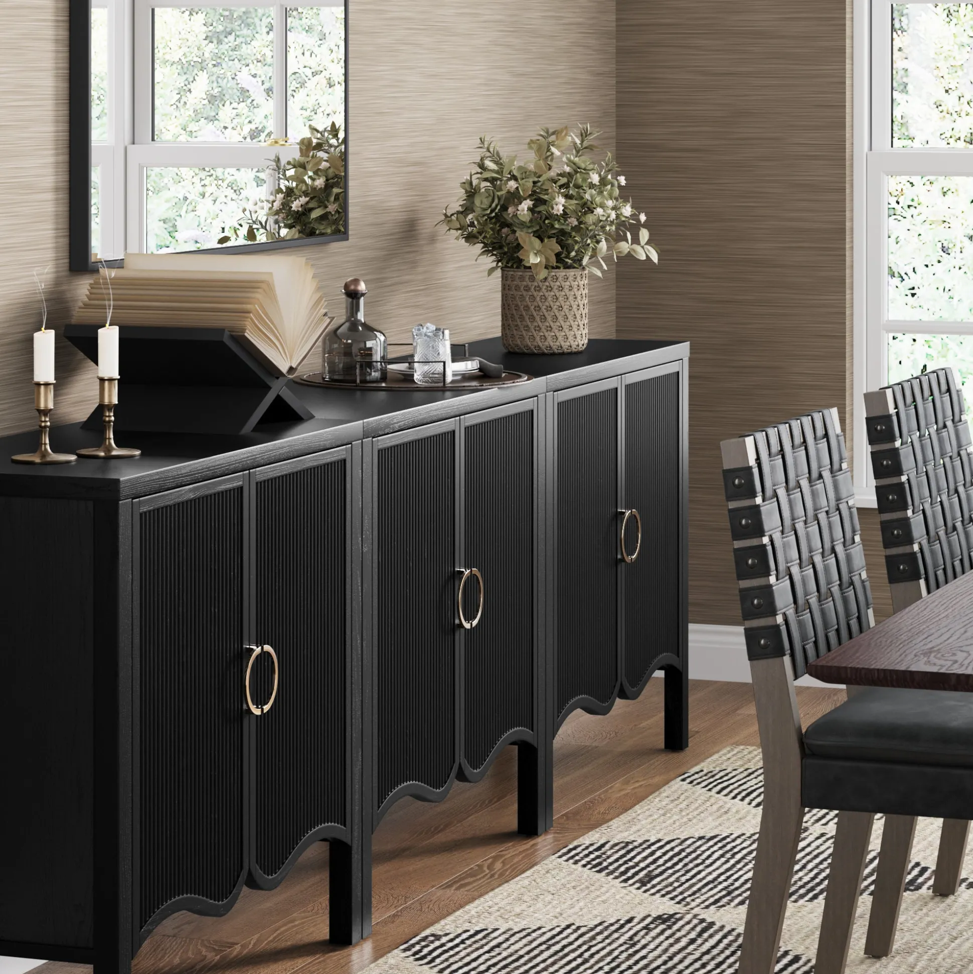 Wood Transitional Fluted TV Console Black Oak for TVs up to 75"