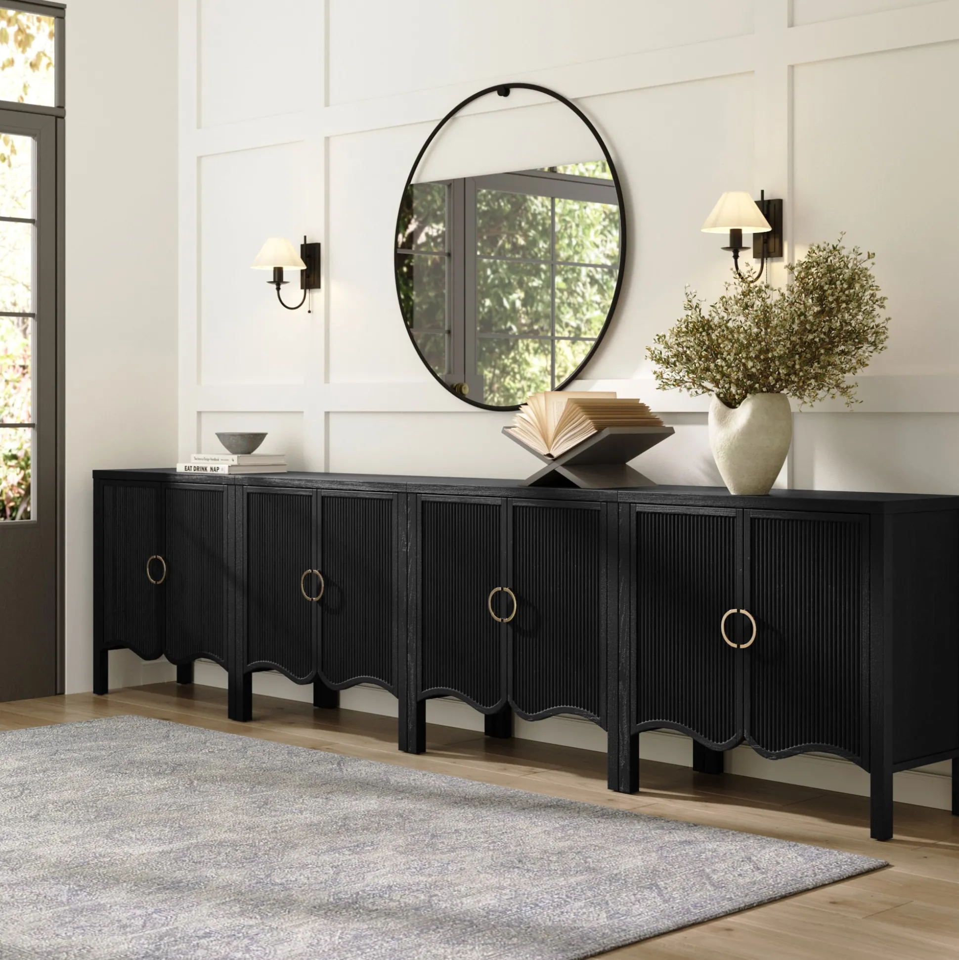 Wood Transitional Fluted TV Console Black Oak for TVs up to 100"