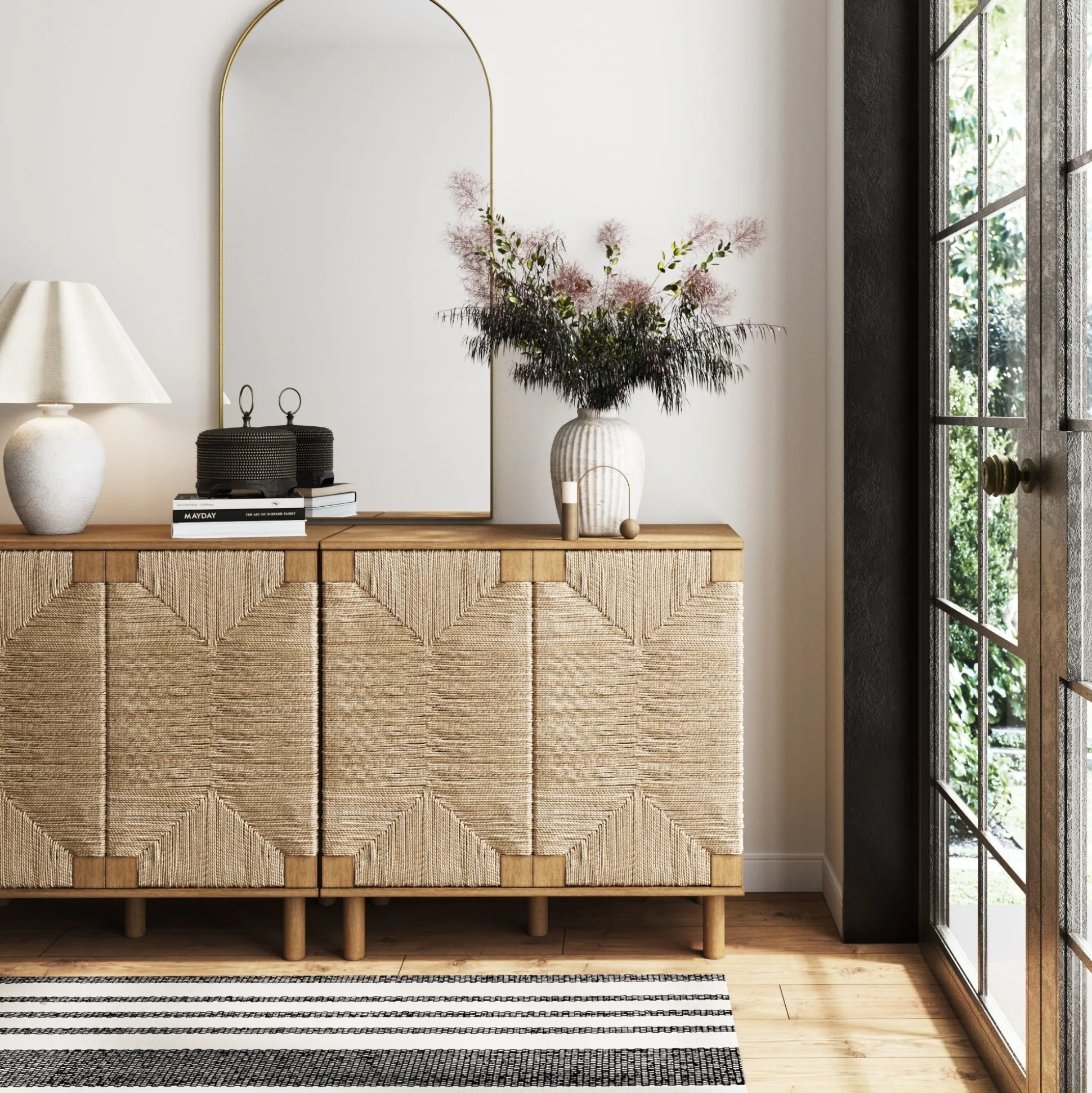 Wood TV Console for TVs up to 65" with Seagrass Doors Light Brown